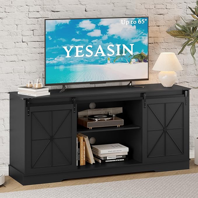 Farmhouse TV Stand for 55 60 65 Inch TV, Mid Century Modern TV Cabinet with Storage and Sliding Barn Doors, Easy Assembly, Entertainment Center Console Table for Bedroom Living Room-Black