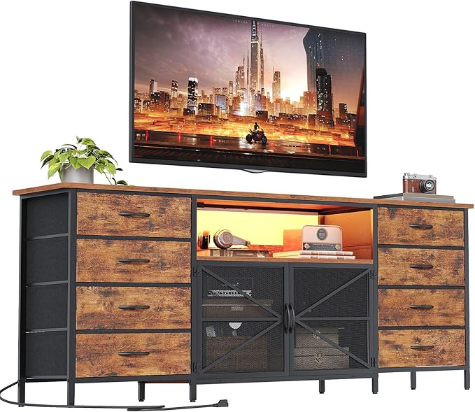 TV Stand Dresser for 65 Inch TV with Power Outlets and LED Lights, Long Dresser with 8 Fabric Drawers, Large Entertainment Center TV Console with Mesh Door for Bedroom, Rustic Brown