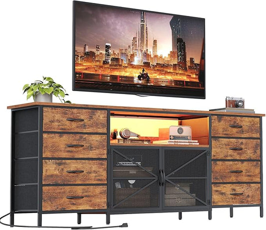 TV Stand Dresser for 65 Inch TV with Power Outlets and LED Lights, Long Dresser with 8 Fabric Drawers, Large Entertainment Center TV Console with Mesh Door for Bedroom, Rustic Brown