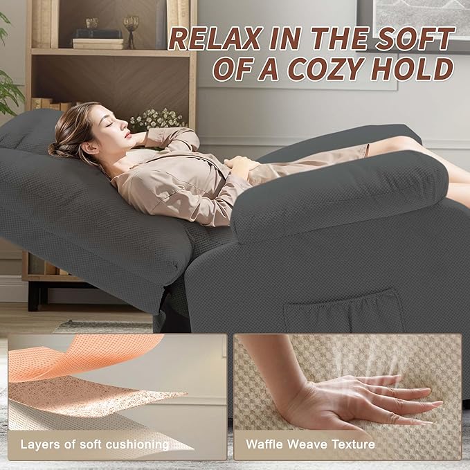 Oversized Dual Motor Power Lift Recliner for Adults, Electric Lift Chair with Heating and Massage, Waffle Fabric Electric Recliner Chair with Side Pockets, Wide Recliner for Living Room