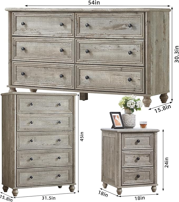 Farmhouse Dressers & Night Stand Set of 3, Wood 54" Wide Dresser & 45" Tall Chest of Drawers, 18" Roman Column Nightstand, Bedroom Furniture 6 Drawer Dresser Set for Bedroom Home Living Room Hallway