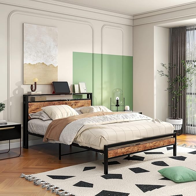 Queen Bed Frame with Storage Headboard/Charging Station,Metal Queen Size Bed Frame with Power Outlets/USB Ports No Box Spring Needed,Under Bed Storage,Easy Assembly,Rustic Brown