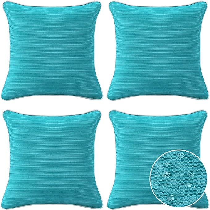 Decorative Outdoor Water Repellent Throw Pillows with Inserts, Set of 4, 18" x18" Pillows for Patio, Backyard, Bed, Couch, and Patio Furniture, Turquoise