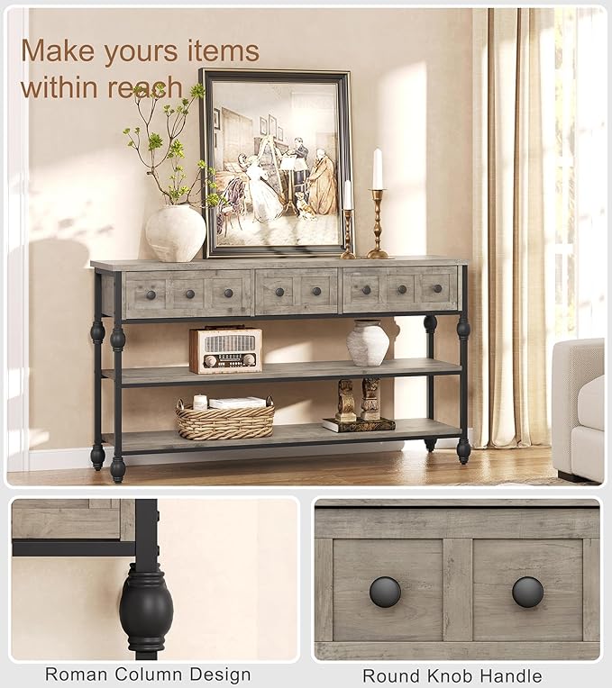 Garvee Console Sofa Table 53", Entryway Table with 3 Drawers, 3 Tier Metal Sofa Table, Open Shelf Behind Couch Table for Hallway, Living Room, Roman Column Design, Grey