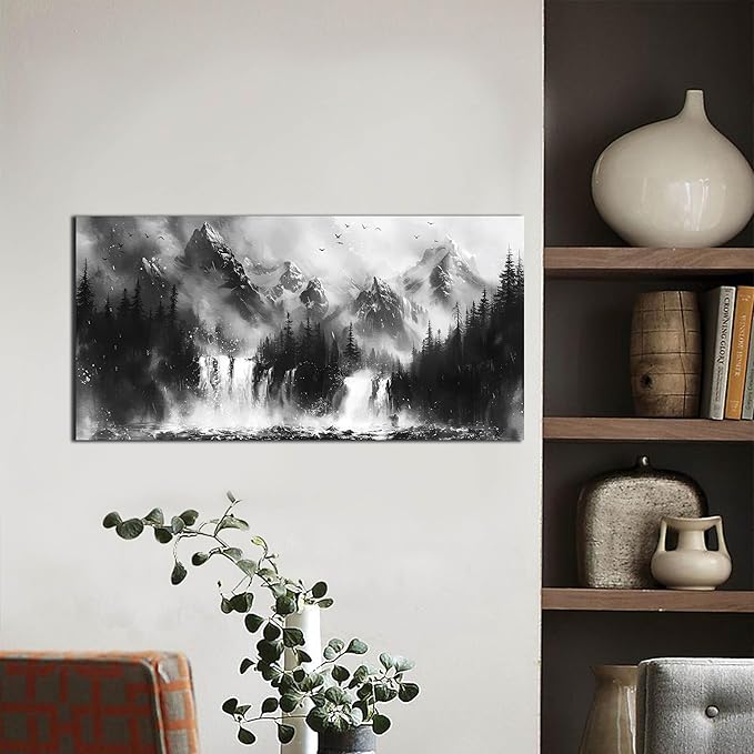 Mountain Wall Art For Office - Black And White Pictures Wall Art For Living Room - Forest Wall Decor For Bedroom Size 20" x 40"