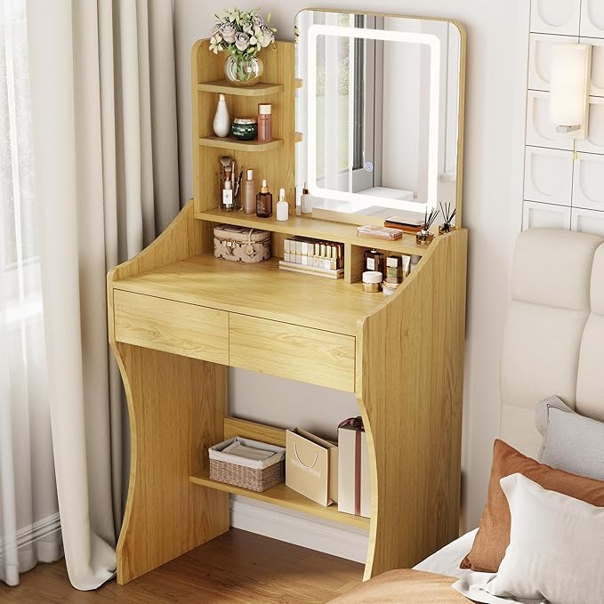 Small Vanity Desk, Makeup Vanity with Mirror and Lights, Vanity Desk with Drawer & 3 Storage Shelves, Wood Makeup Vanity Desk with Lights for Bedroom, Natural
