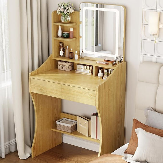 Small Vanity Desk, Makeup Vanity with Mirror and Lights, Vanity Desk with Drawer & 3 Storage Shelves, Wood Makeup Vanity Desk with Lights for Bedroom, Natural