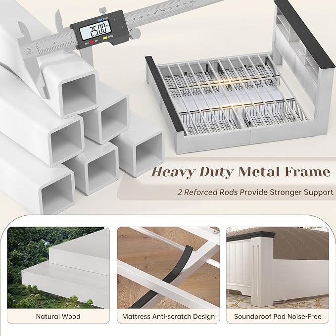 EnHomee King Size Bed Frame and Headboard & Storage, 4 Drawers and LED Built in Charging Station King Bed Frame with Storage Farmhouse,NO Noise,No Box Spring Needed,White