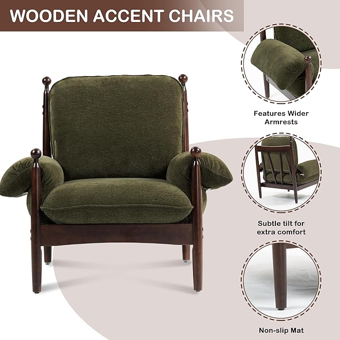 Mid Century Modern Accent Chair with Arms, Upholstered Spindle Chair with Wood Frame, High-Resilience Sponge Cushion for Living Room Bedroom Office