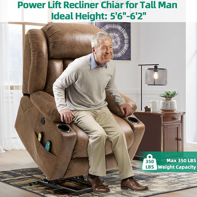 VIVIJASON Tall Man Large Power Lift Recliner Chair with Massage and Heat for Elderly, Overstuffed Wide Electric Lift Recliner with Extended Footrest, 2 Cup Holder, Side Pockets & USB Ports (Brown)