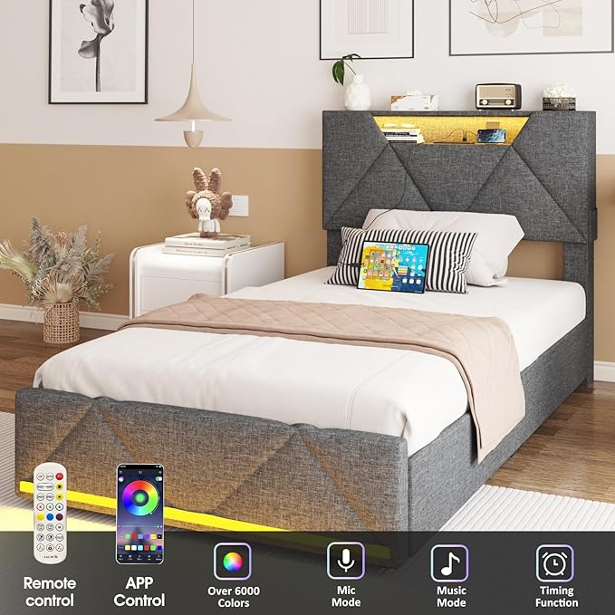 Vabches Twin Bed Frame with Storage Headboard and 4 Drawers,Upholstered Platform with Charging Station and Led Lights,Adjustable Headboard,No Box Spring Needed,Dark Grey