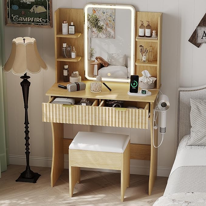 Small Vanity Desk with Mirror and Lights, Makeup Vanity with LED Lighted Mirror, Fluted Vanity with Lights Desk and Chair, 3 Lighting Adjustable Dressing Table with Charging Station for Women,Girls