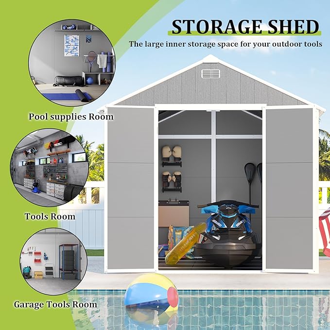 8' x 8' Resin Storage Shed Outdoor, PP Material & Strong Structure for All Weather, Plastic Garden Shed w/Window for Garden, Backyard, Poolside and Lawn, 12mm Thick PP Board - Grey
