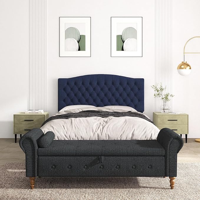 Queen Headboard Only, Upholstered Headboard for Adjustable Bed Linen Tufted Queen/Full Size Wall Mounted Head Board with Solid Wood Legs Head Board, Navy Blue