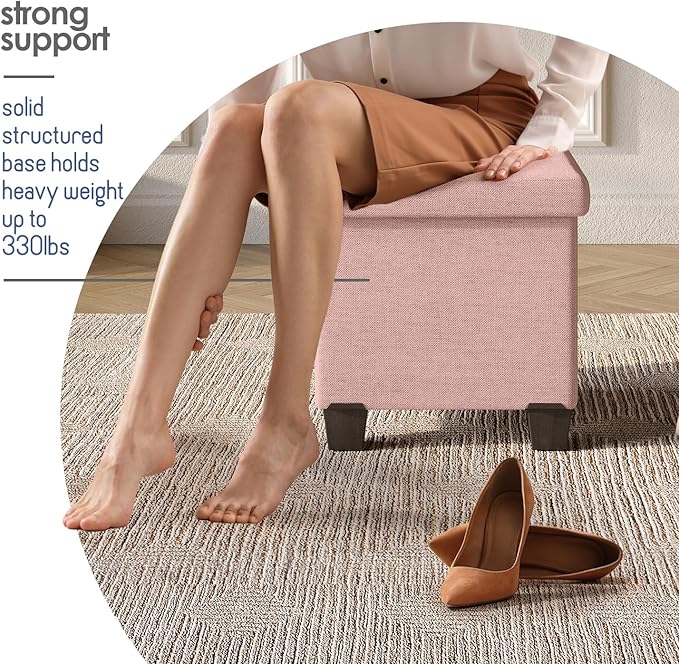 STORAGEBUD Storage Ottoman Cube with Small Bin, 16-in Square Ottoman with Storage for Living Room and Bedroom, Small Ottomans Foot Rest, Fabric Foot Stools Ottomans Max 330lbs, Pink