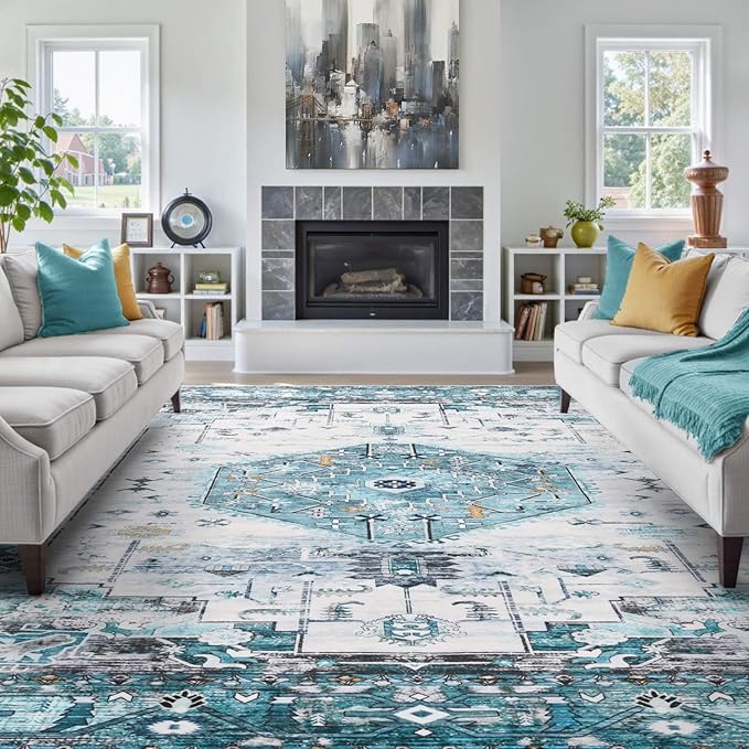 8x10 Area Rugs for Living Room, Non Slip Large Vintage Floral Rug for Bedroom Dining Room Farmhouse Classroom Kids Playroom Home Decor,Blue