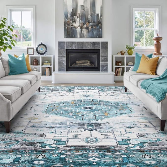 8x10 Area Rugs for Living Room, Non Slip Large Vintage Floral Rug for Bedroom Dining Room Farmhouse Classroom Kids Playroom Home Decor,Blue