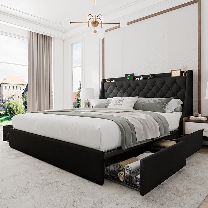 King Size Bed Frame with 4 Storage Drawers, Upholstered Bed Frame with Wingback Headboard, Charging Station, No Box Spring Needed, Easy Assembly, Black