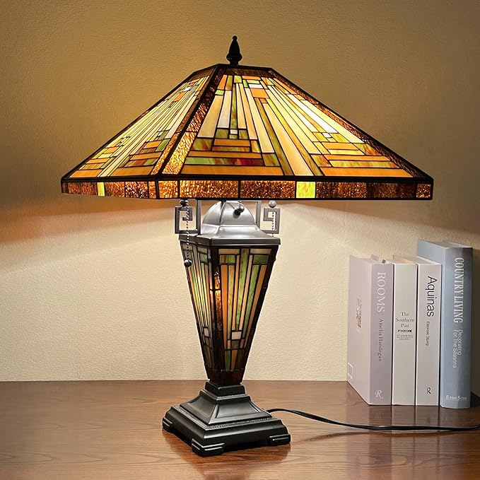 Capulina Tiffany Lamp Stained Glass Table Lamp, Mother-Daughter Vase 3-Light,16X16X24 Inches Amber Brown Mission Tiffany Style Desk Reading Lamp for Living Room Bedroom Study Home Office