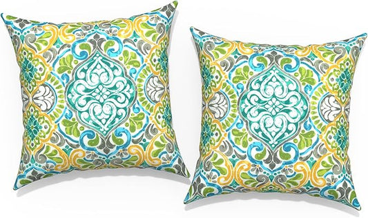 Outdoor Throw Pillow Covers 18”x18”, Decorative Pillow Covers for Patio Furniture, Modern Cushion Cases for Garden Couch Home Sofa Bed Office Chair, Pack of 2,Damask Green