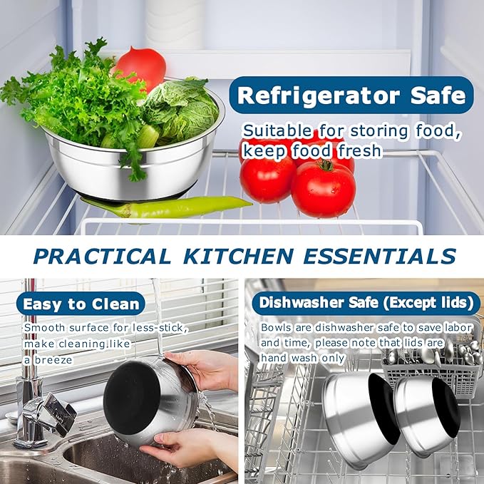 TeamFar Mixing Bowls Set of 5, Stainless Steel Nesting Salad Bowl with Lid & 3 Grater Attachments for Salad Mixing/Food Storage, Healthy, Airtight Lid & Non-slip Bottom - 4.6/3.5/2.5/1.5/1 QT