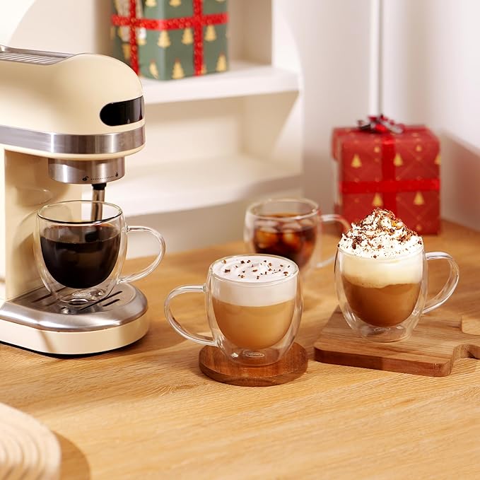 CNGLASS Double Walled Glass Coffee Mugs with Handle,12oz Insulated Glass Mugs with Handle,Clear Espresso Cups for Latte,Cappuccino,Tea Bag,Set of 2