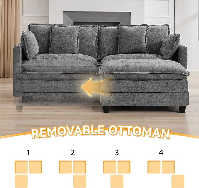 76'' Cloud Deep Seat Loveseat Sofa, Upholstered Chenille Modular 2-Seats Sectional Sofa Couch with Movable Ottoman, Modern Comfy Settee Loveseat for Living Room Set, Small Apartment, Grey