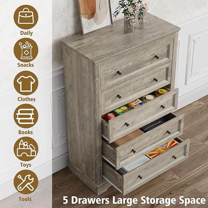Farmhouse Dresser 5 Drawer, Bedroom Chest of Drawers, Dressers with 5 Drawers, Wooden Dressers for Bedroom, Living Room, Tv Stand, Entryway (Grey-5 Drawers)