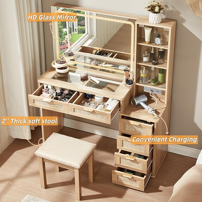 LEYAOYAO Rattan Vanity Desk with Mirror and Lights, 43.5'' Boho Makeup Vanity with 6 Drawers and Adjustable Shelves, Natural Wood Make Up Vanity Dressing Table with Glass Top, Power Outlet for Bedroom