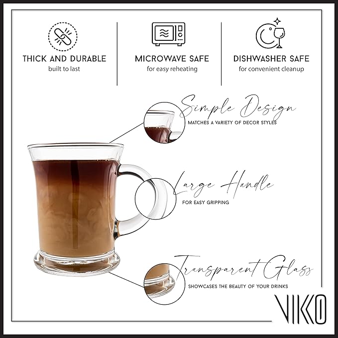 Vikko Glass Coffee Mugs Aroma Collection 13 Ounce Thick and Durable Wide, Set of 6 Heavy Base Dishwasher Safe Large Glass Coffee Cups