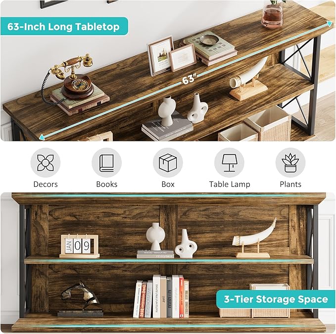 63 Inch Long Console Tables for Entryway with 3-Tier Storage, Wooden Sofa Table Behind Couch for Living Room Hallway, Entry, Brown