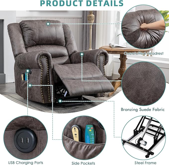 MEETWARM Large Power Lift Electric Recliner Chair with Massage and Heat, Overstuffed Wide Recliner for Elderly, Heavy Duty Recliner for Living Room with 2 Remote Controls/USB Ports/Side Pockets(Gray)