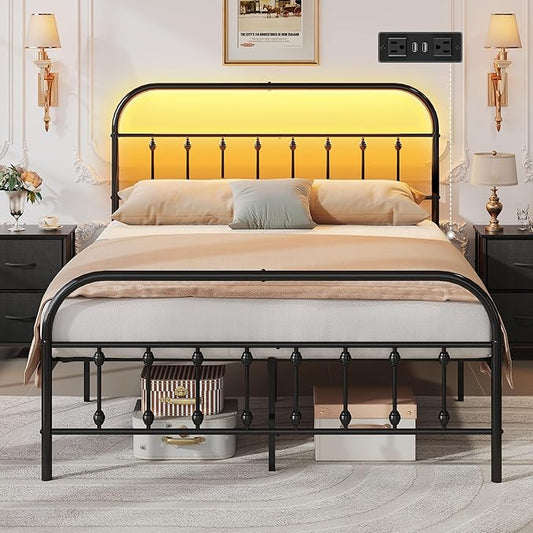 WLIVE Full Size Bed Frame with Headboard, Full Bed Frame with LED Lights and Charging Station, Metal Platform Bed with Storage, Black