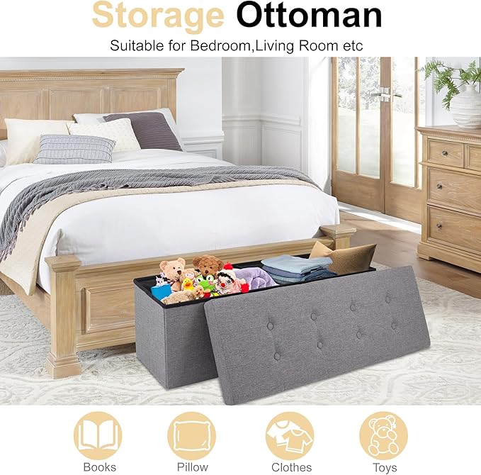 GLAXYFUR 43 Inches Folding Storage Ottoman Bench, Storage Chest, Footrest for Entryway, Living Room, Holds up to 660 lb, Light Grey