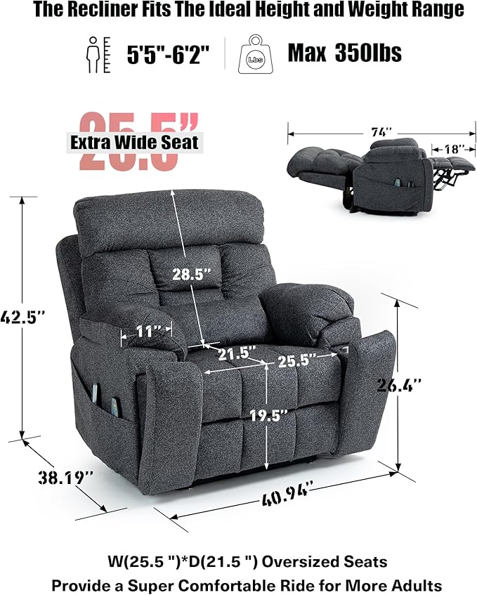 Lazy Boy Recliner Chair, 4 Motor Recliner with Power Headrest and Lumbar, Nursing Lift Chair with Vibrating Massage and Heated Seat