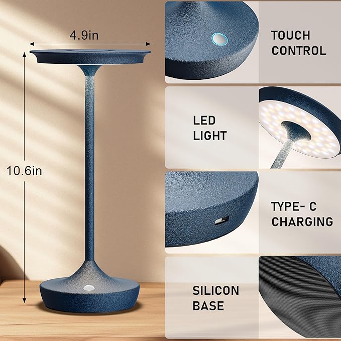 LED Cordless Table Lamp Rechargeable - Outdoor 6000mAh Battery Operated Portable Table Lights 3 Color Stepless Dimming Table Lamps with Memory Function for Patio Restaurant Dining Blue