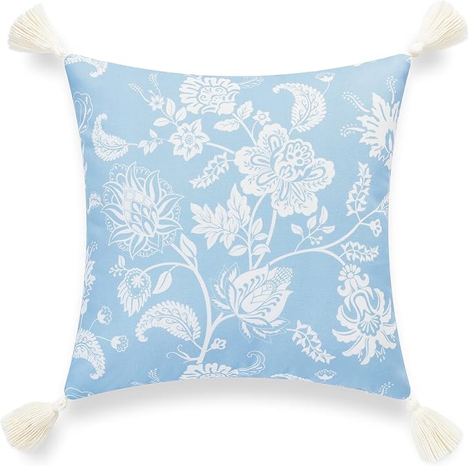 Hofdeco Premium Coastal Hampton Style Patio Indoor Outdoor Throw Pillow Cover Only, 18"x18" Water Resistant for Backyard, Couch, Baby Blue Floral Tassel