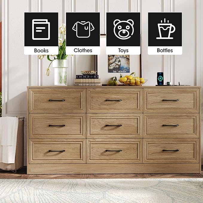Fameill Dresser for Bedroom, 9 Drawer Wide Dresser Organizer with Charging Station, Tall Dresser for Hallway, Wood Dresser with Metal Handles, Oak