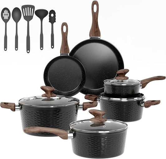DishDelight 15 Piece Pots and Pans Set Non Stick, Induction Nonstick Kitchen Cookware Sets, Nonstick Induction Cookware with Frying Pans and Saucepan Set, Non-toxic Kitchen Cooking Set, Black