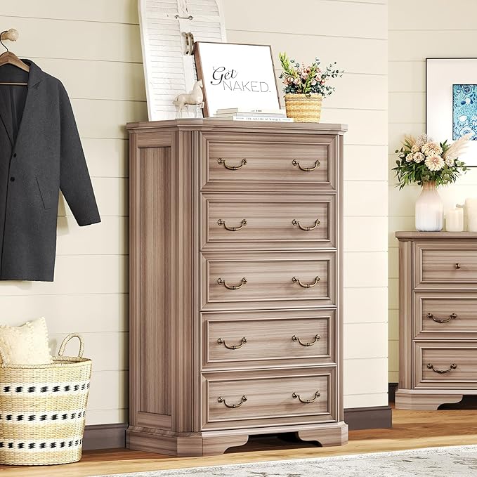 Farmhouse 48" Tall 5 Drawers Dresser for Bedroom, Wood Rustic Chest of Drawers with Corner Bevel Shape, Closet Storage Dressers Organizer for Bedroom, Living Room, Hallway, Grey Walnut