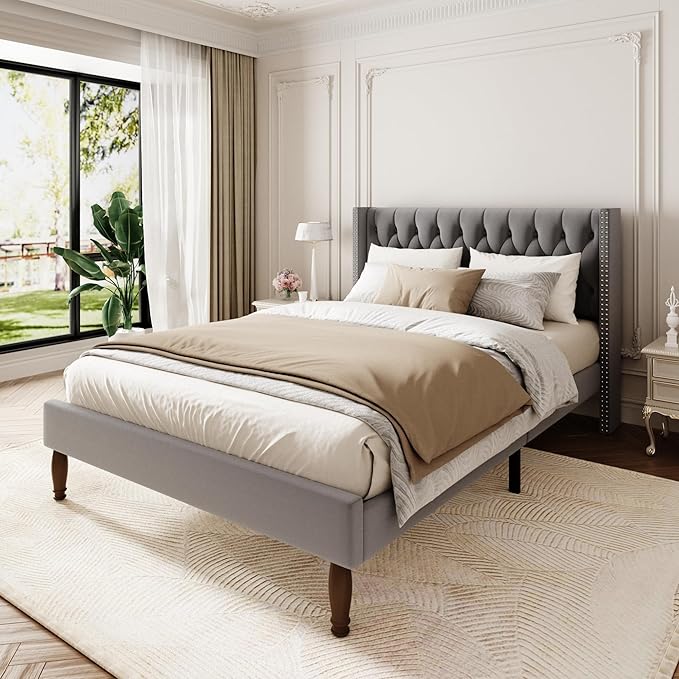 Queen Size Velvet Upholstered Bed Frame, 49.2" Tall Wingback Headboard, Deep Button Tufted, No Box Spring Needed, Solid Wood Legs, Grey