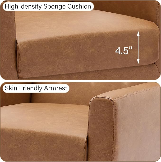 Accent Chair, Mid-Century Modern PU Leather Chairs with Arms for Living Room, Comfy Upholstered Club Single Sofa Armchair for Bedroom Waiting Room with Solid Wood Frame（Leather Brown, Set of 2)