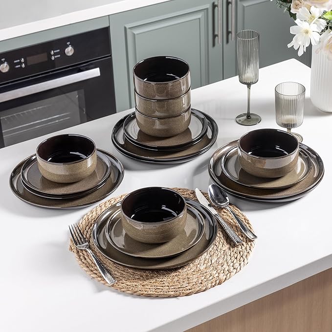 LeRatio Ceramic Dinnerware Sets for 6,Poreclain Plates and Bowls Sets,Handmade Reactive Glaze Dishes Set,Chip Resistant and Scratch Resistant | Oven&Dishwasher & Microwave Safe-Chestnut(18PCS)