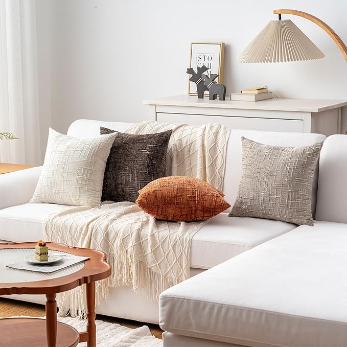 Decorative Throw Pillow Covers 20x20 Inch Set of 4, Soft Solid Farmhouse Chenille Couch Pillows, Spring Pillow Covers for Couch Sofa Bed Living Room Home Decor Pillowcase, Warm Colors