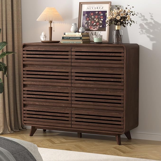 Fluted Dresser for Bedroom, Wide 8 Drawers Dresser, Chests of Drawers with Grille & Curved Design, Dressers Slides Pre-Installed, Large Wood Drawer Organizer for Bedroom Hallway, Dark Walnut