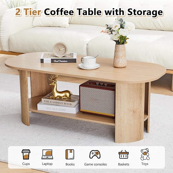 43.3” Oval Coffee Table with Storage, Wood Coffee Tables for Living Room, Farmhouse Center Table with 2-Tier Storage Shelf Low Tea Table for Small Space, Home, Office (Natural)