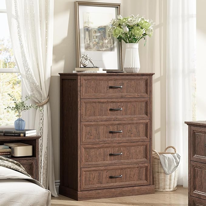 Farmhouse 5 Drawers Dresser for Bedroom, 44" Tall Brown dresser Wood Rustic Chest of Drawers with Wide Metal Handle,Natural Texture,Drawer Organizer for Bedroom,Living Room,Hallway and Entryway