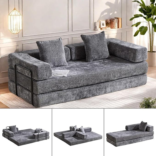 Convertible Sofa Bed, Compression Futon Sofa with Pillows & Armrest, Foldable Mattress Couch with Fixed-Shape Frame, Comfy Couch Lounge Sleeper Bed for Living Room Bedroom, Dark Gray