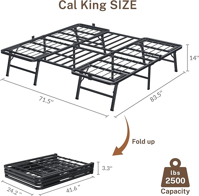 14 Inch California King Metal Bed Frame Folding Bed Frame Tool-Free Assembly Mattress Foundation No Box Spring Needed Platform 2500lbs Heavy Duty Steel Slats, Noise-Free, Easy Assembly, Black