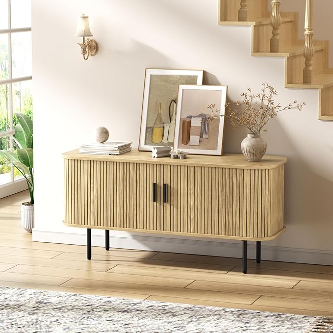 47" Natural Fluted TV Stand for TVs up to 60 Inch, Gaming Entertainment Center with Tambour Slatted Sliding Doors and Storage Cabinet, Media TV Consoles Table for Living Room, Office